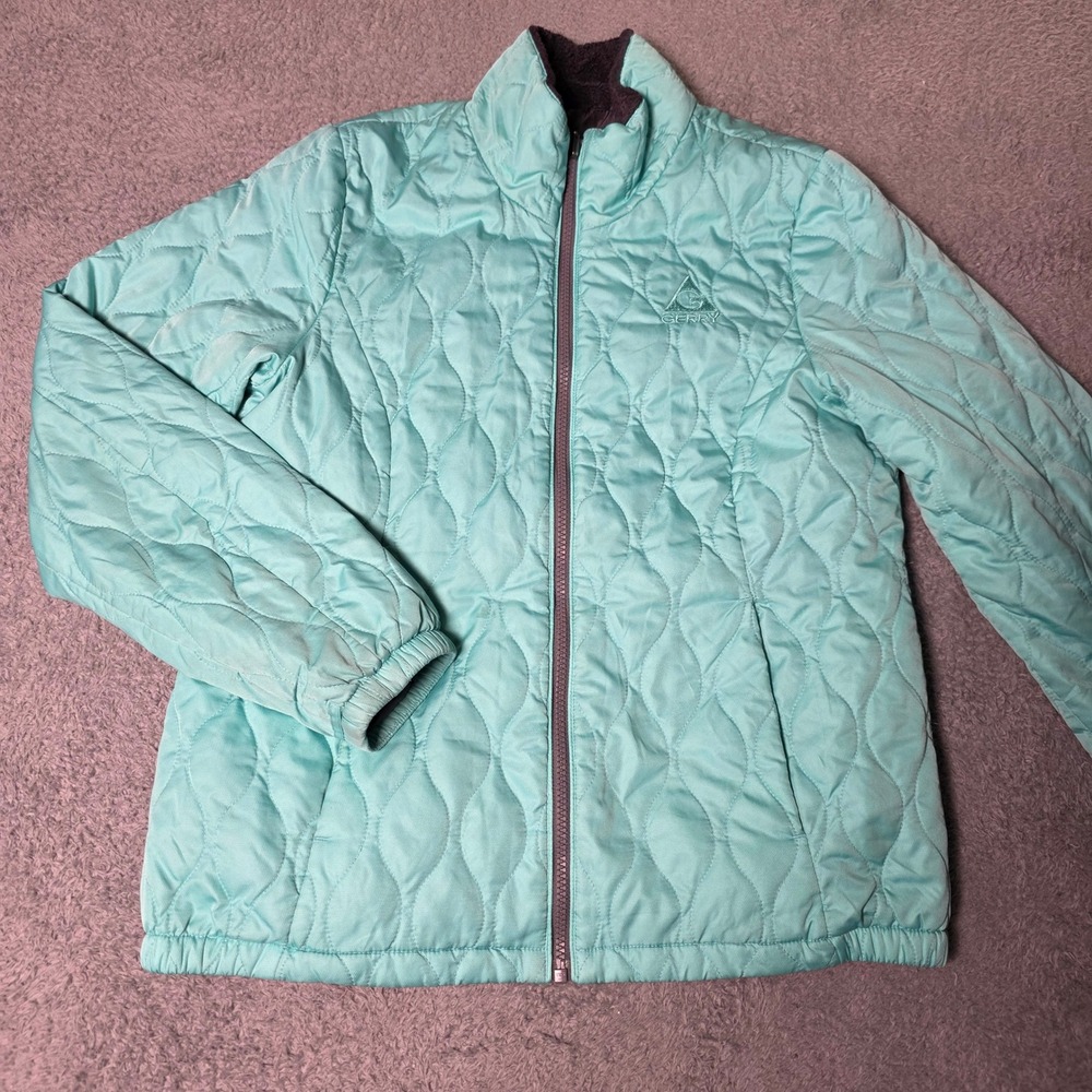 Gerry Womens M/L Puffer Jacket Aqua Turquoise Quilted Fleece Lined Collar Zip